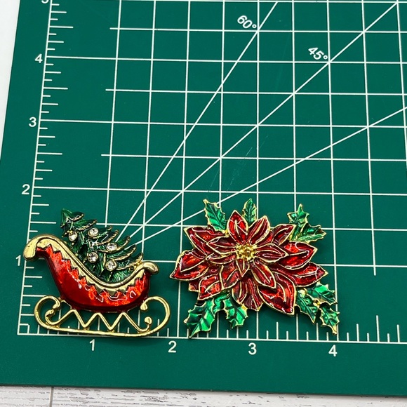 Festive Red and Green Poinsettias and Red Sled Christmas Tree Brooches - Picture 9 of 9